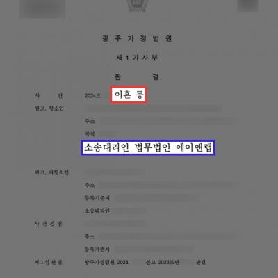 이혼소송 항소심서 원고(항소인) 대리하여 이혼 청구 인용 이끌어내